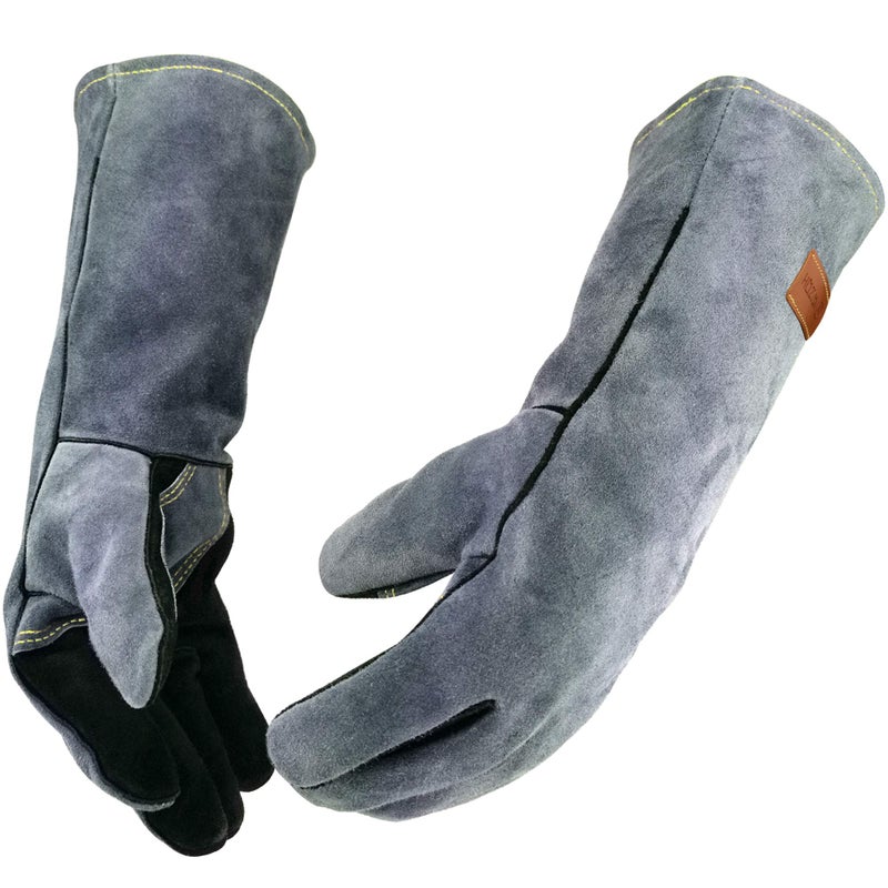 WZQH 16 Inches,932â„‰,Leather Welding Gloves, Heat/Fire Resistant,Large Mitts for BBQ,Oven,Grill,Fireplace,Tig,Mig,Forge,Baking,Furnace,Stove,Pot Holder,Animal Handling Glove.L Black-gray - Image 1
